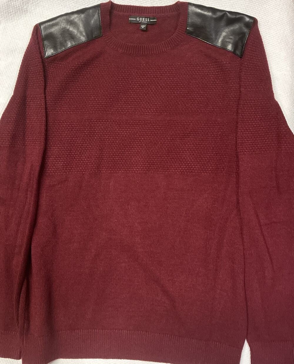 Men’s GUESS Burgundy Sweater With Leather Shoulder Pads Size M